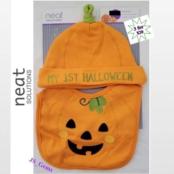 New Baby Orange Pumpkin Halloween Bib & Hat Set - Picture 1 of 13